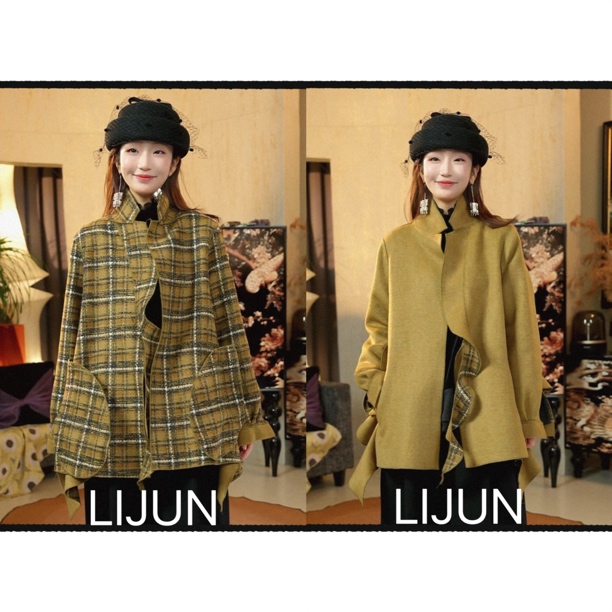 篱君2205秋冬双面穿格子大衣简约大气设计款气质百搭荷叶边外套