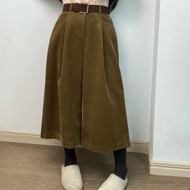 【San W】新品冬季灯心绒垂感阔腿高腰磨毛加绒休闲八分裤（带腰带）