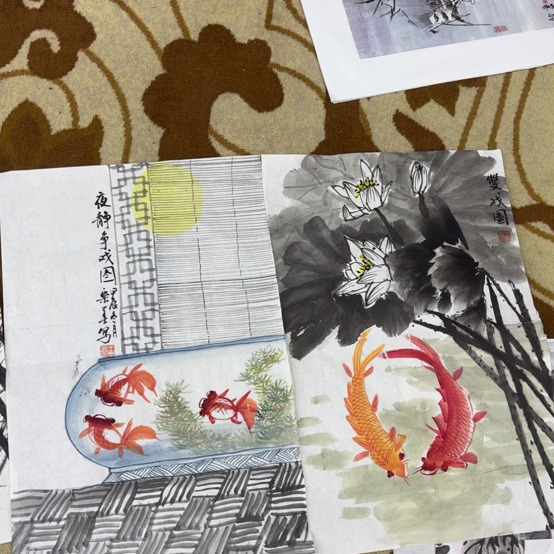 国画两张作品花鸟童