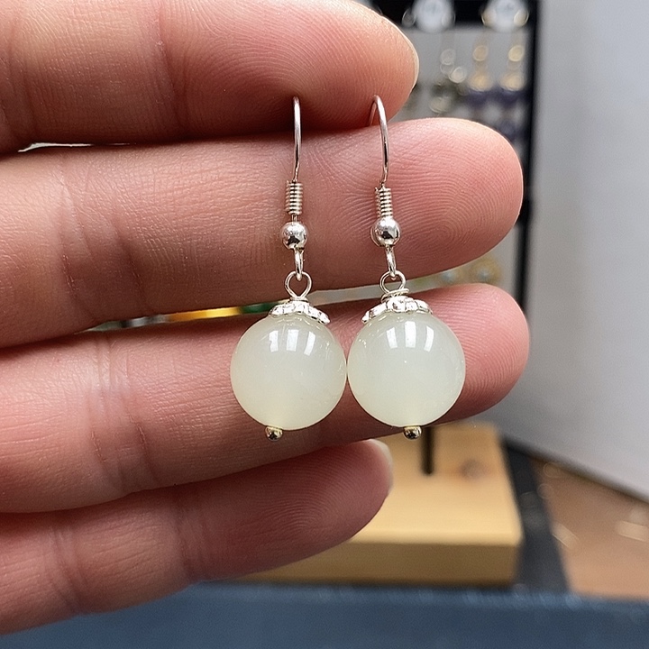 和田玉银S925镶嵌耳饰尺寸12mm