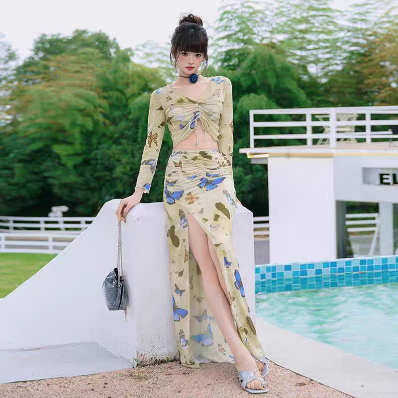 复古分体高级感温泉泳衣修身显瘦露背适合微胖女孩时尚欧美风