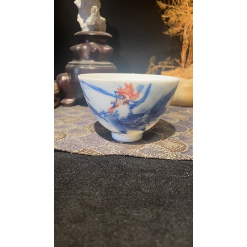 景德镇昱器雄鸡寿桃鸡心杯微瑕