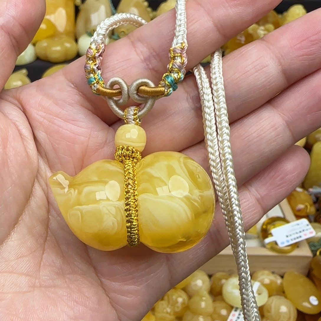 蜜蜡套链未镶嵌天然溶洞妖花蜜蜡葫芦吊坠