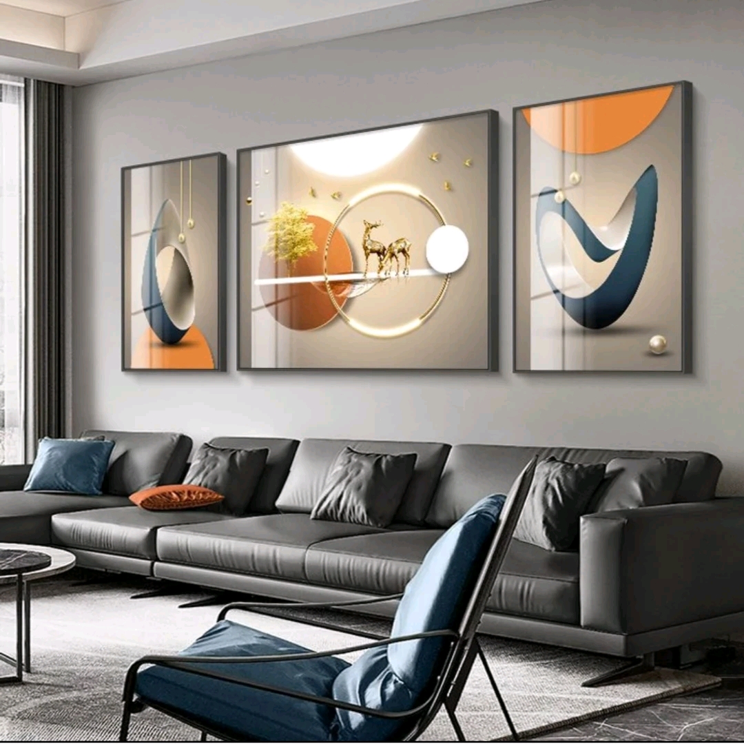 KT99晶瓷镶钻福鹿生花现代新中式山水挂画客厅沙发背景墙挂画