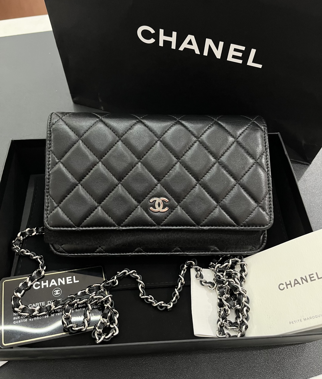 95新 Chanel/香奈儿 黑色银扣羊皮woc 29开防尘 身份卡 小票 说明
