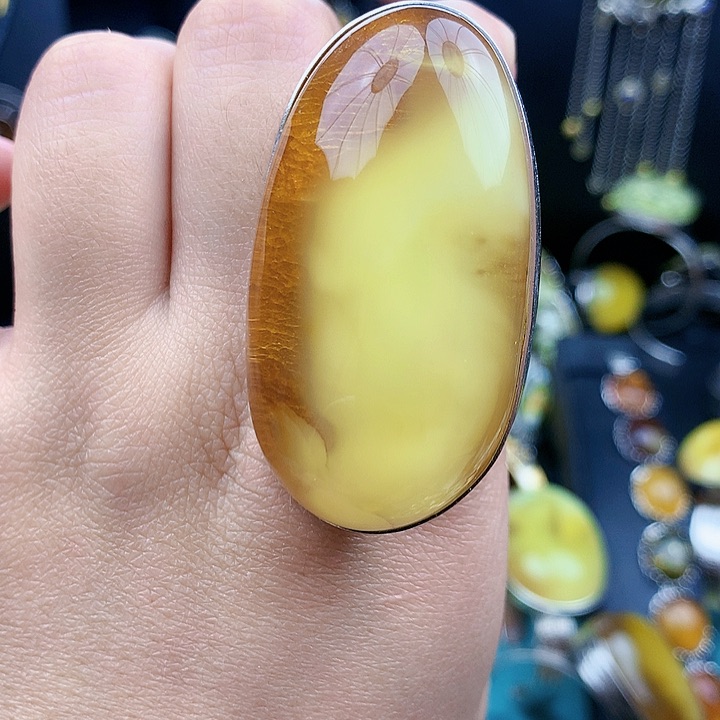 琥珀裸石银S925镶嵌戒指