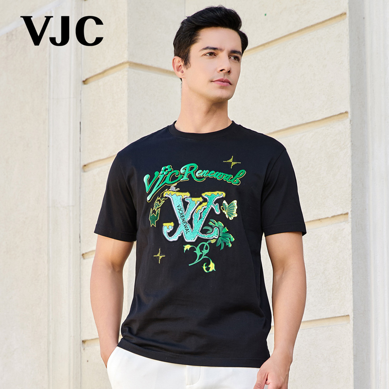 VJC/威杰思2025春季新款男装时尚休闲短袖T恤潮流烫钻B24BA1035