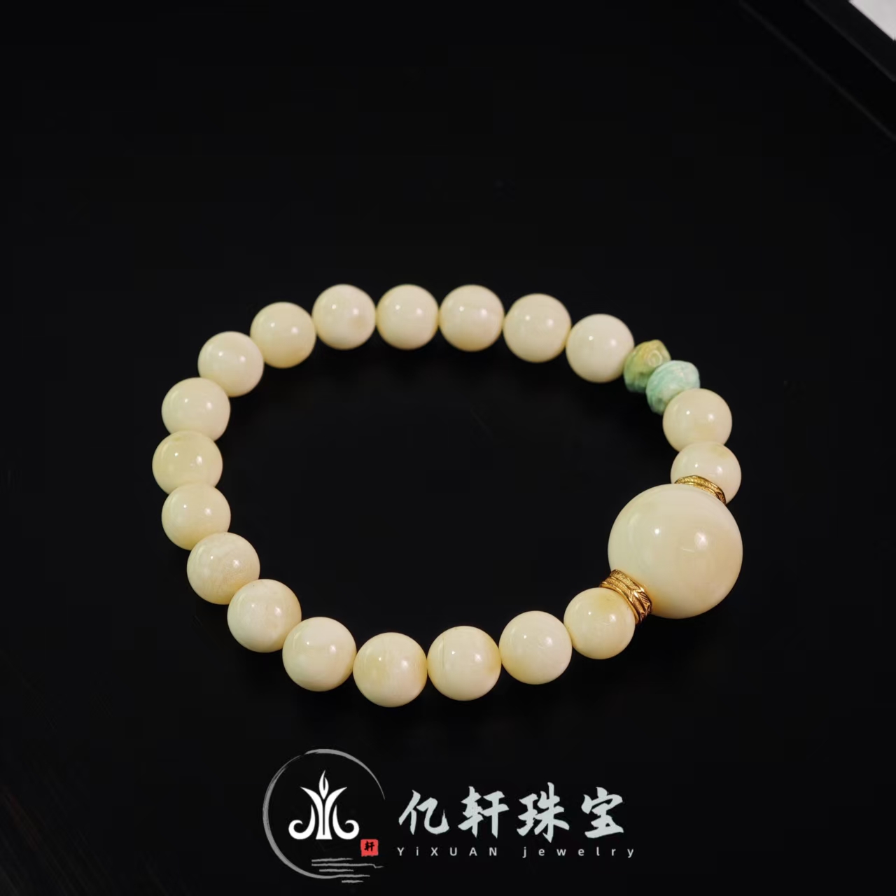 【亿轩珠宝】QS1430白蜡单圈手串diy荧光白圆珠&绿松8-16mm+