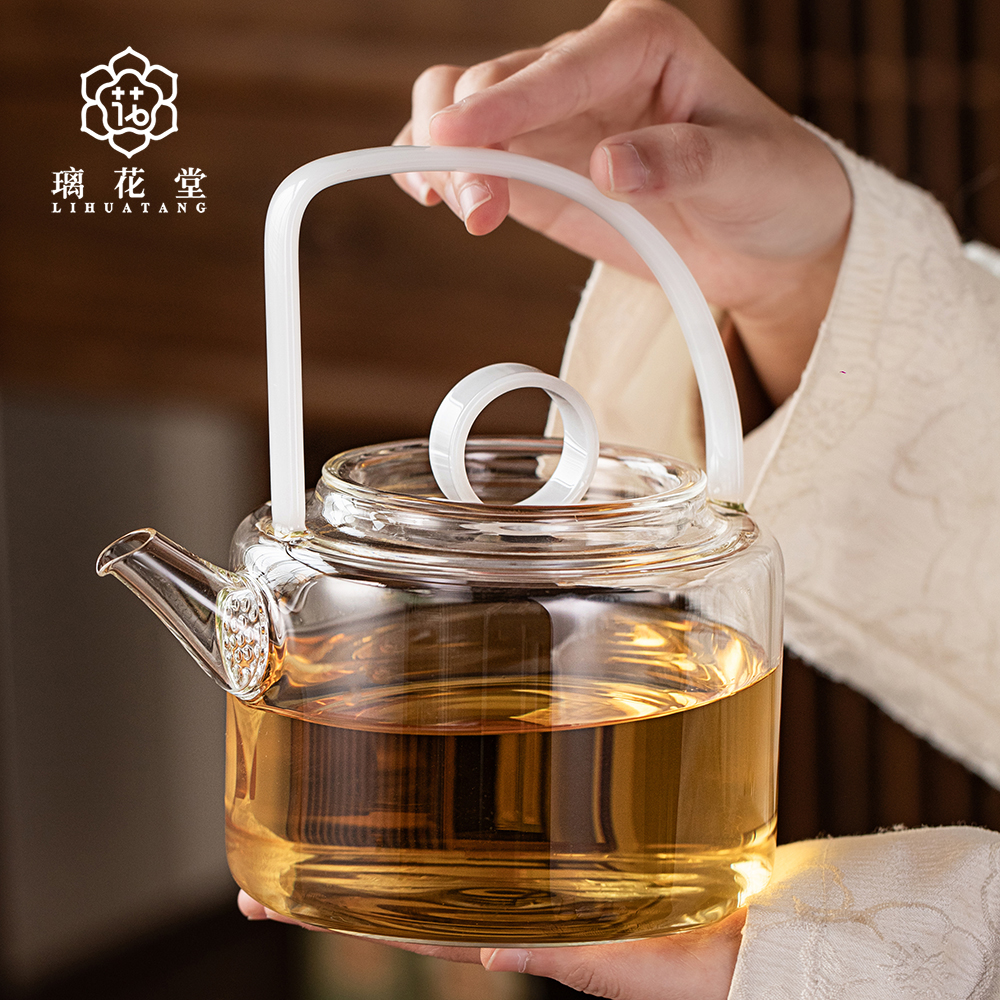 璃花堂耐高温半月玻璃煮茶壶轻奢茶壶家用电陶炉提梁煮茶蒸茶壶