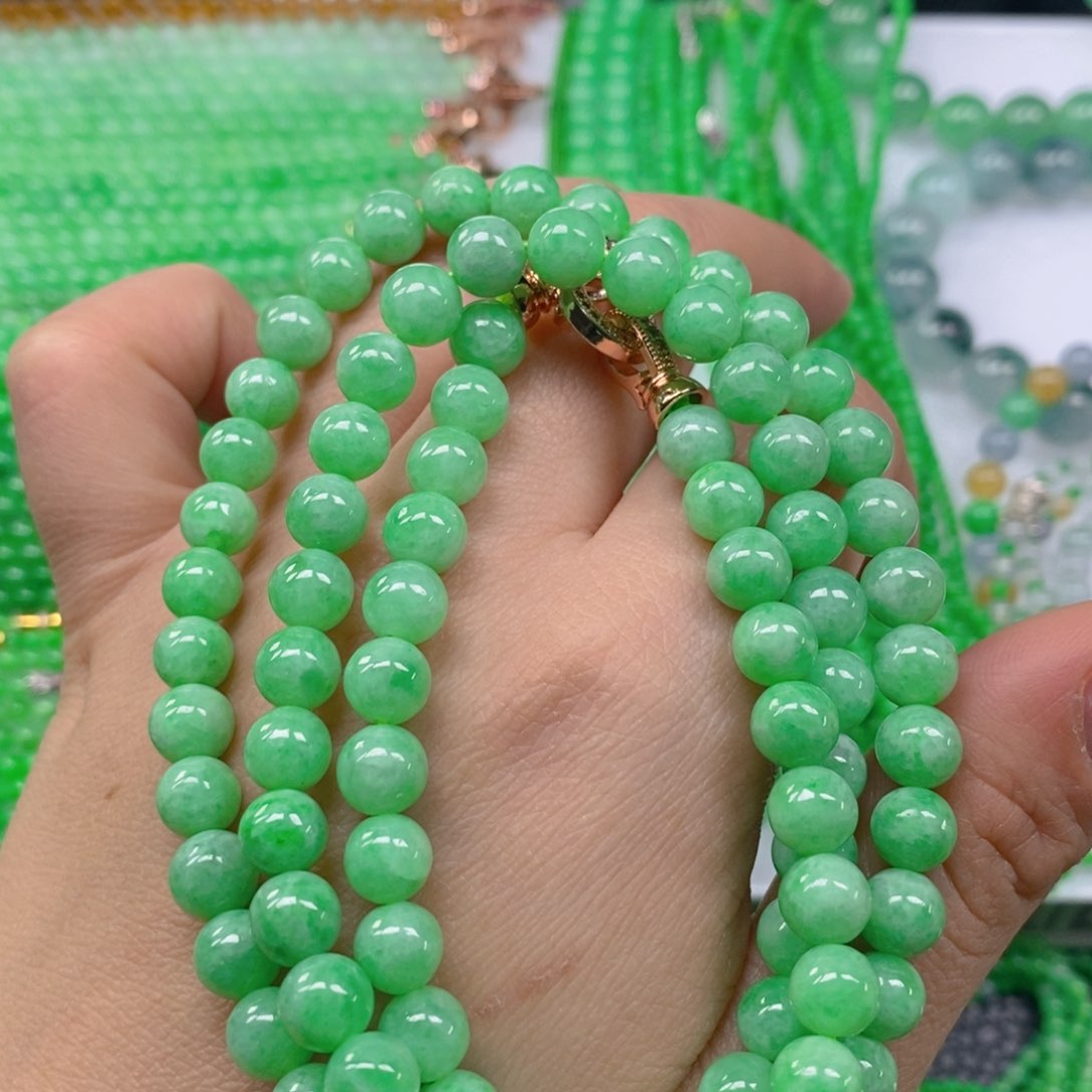 翡翠颈饰未镶嵌阳绿圆珠项链7.3m' m