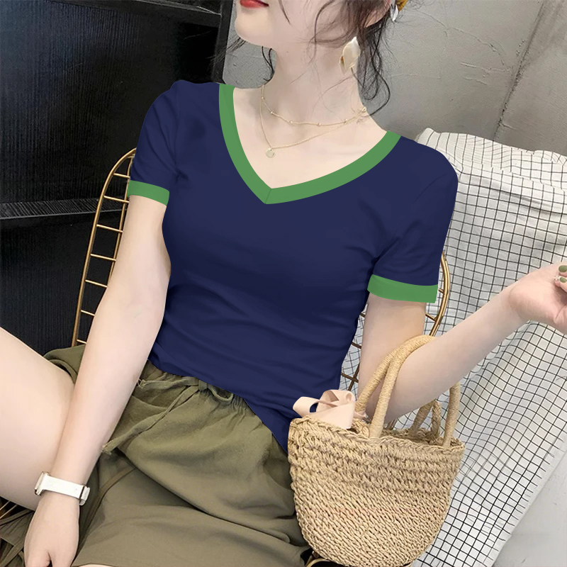 爆款韩版大码胖MM拼色纯棉短袖T恤女夏季设计感V领正肩上衣衫潮