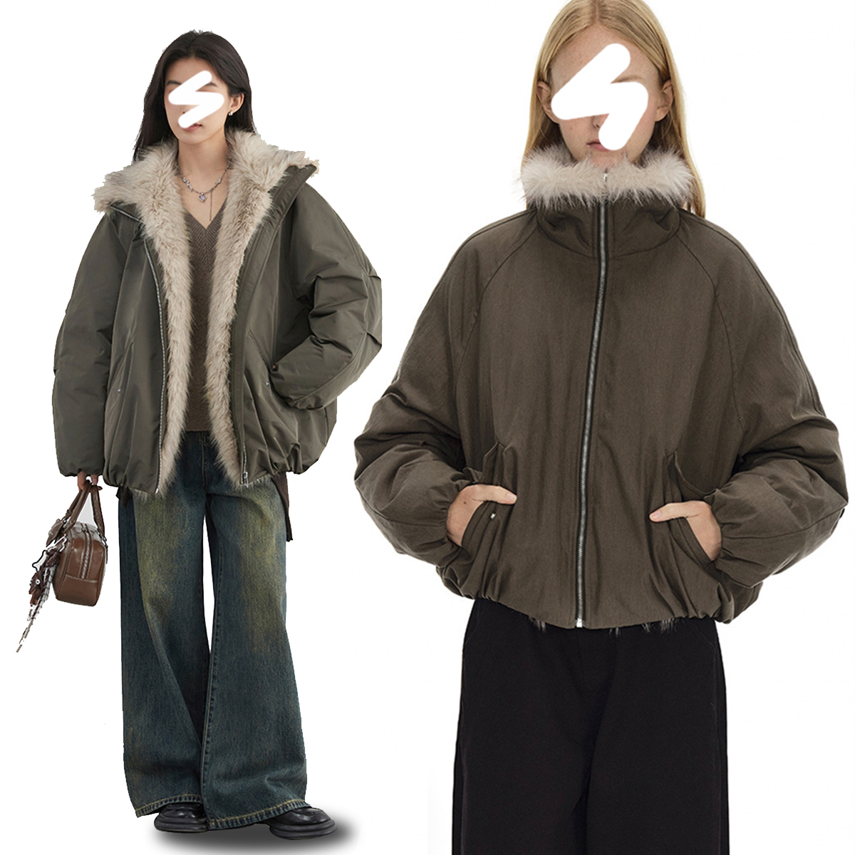 Miss sumey#1435#1436自制毛毛领派克棉服保暖立领长/短外套夹克