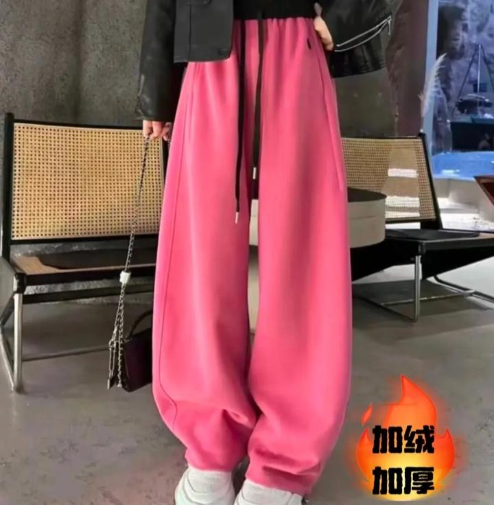 保暖显瘦卫裤秋冬加绒裤子高腰直筒阔腿裤女慵懒风卫裤腰绳弯刀裤