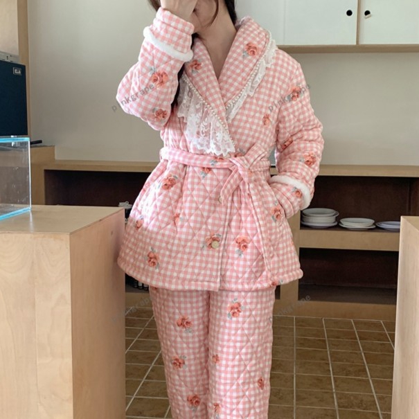 pinkgrape【浮花玫瑰】睡衣女士新款冬季三层夹棉加厚家居服2378120