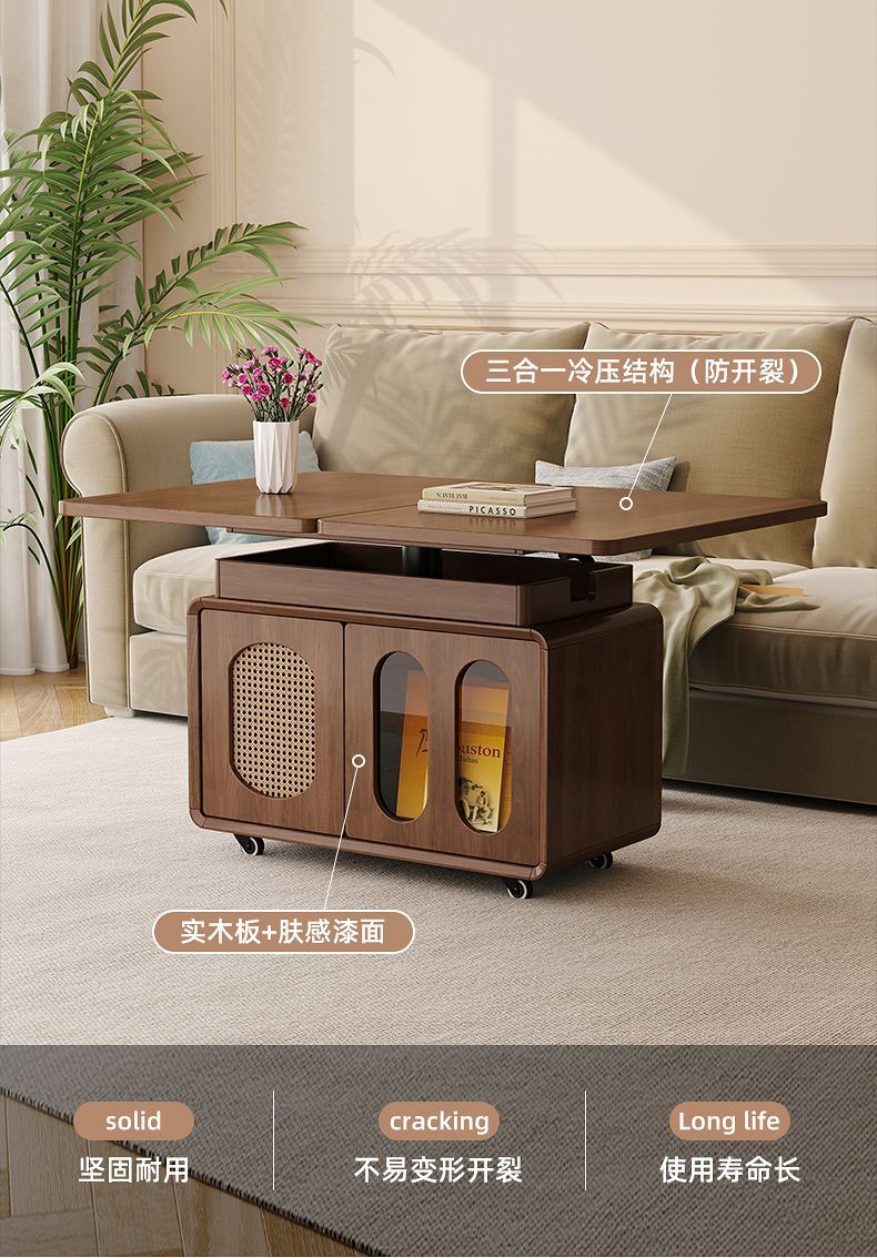 法式实木边几可升降移动岩板茶几客厅黑色巴士小推车折叠沙发边柜