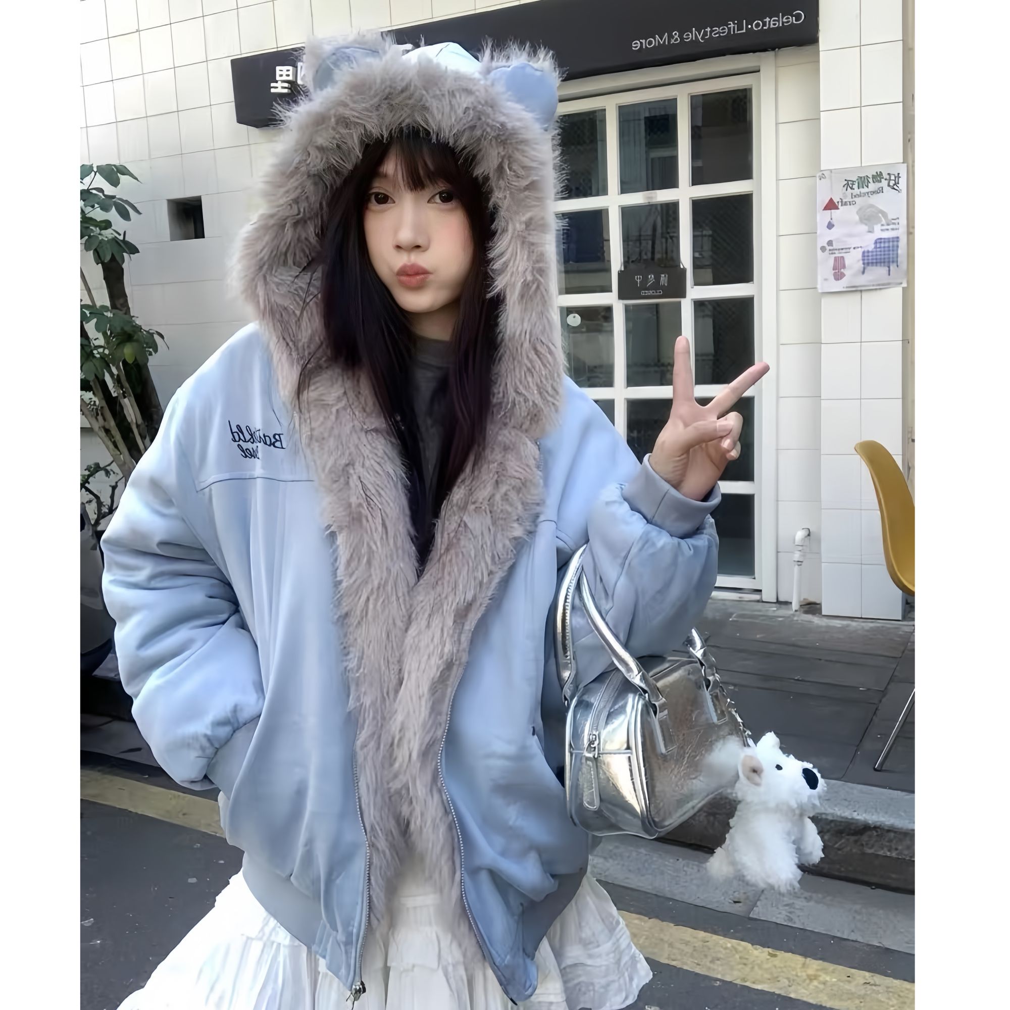 美式座山雕毛领兔耳冬季加厚保暖棉服2025新款男女情侣麂皮绒外套