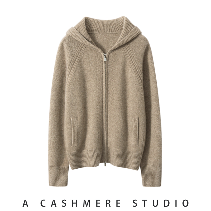 100山羊绒衫# 插肩袖加厚带帽 双拉链山羊绒开衫外套2525