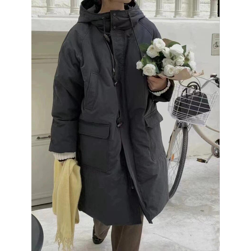 【鹅绒服】韩单东大门bruni牛角扣连帽长款羽绒服过膝女加厚