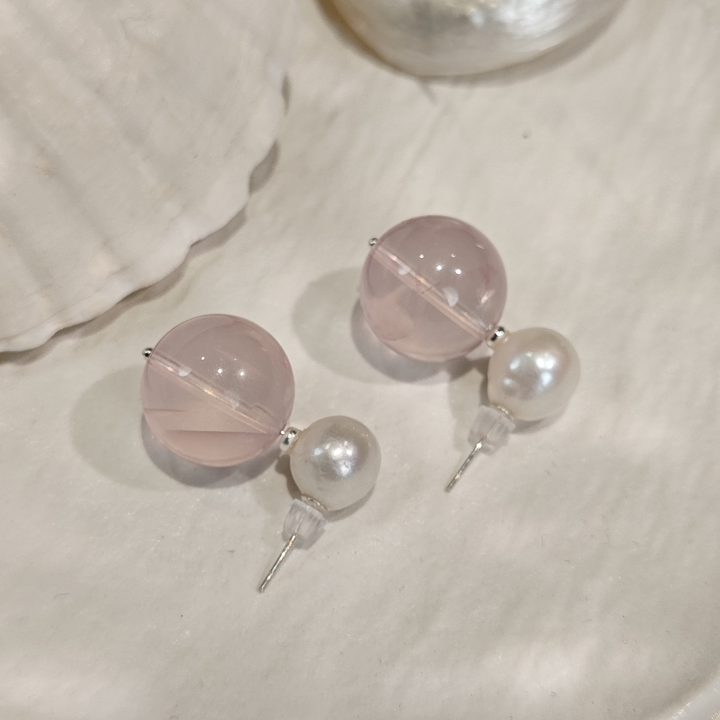 粉红泡泡 粉水晶珍珠S925银耳钉