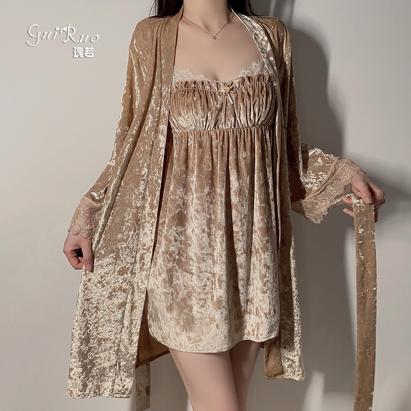 新款薄纱开襟睡衣性感吊带睡裙唯美浪漫网纱家居服轻奢配袜子套装