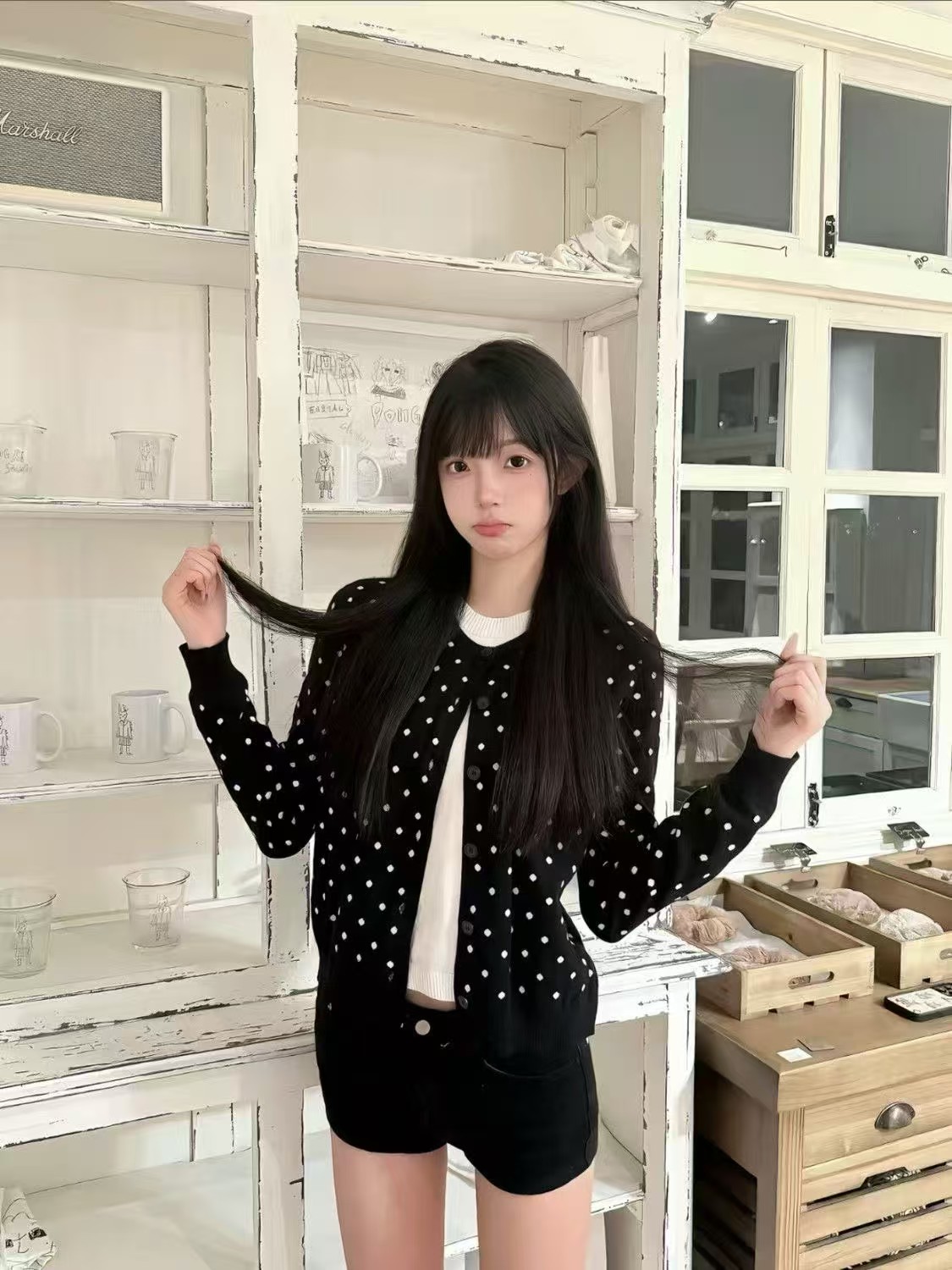 复古波点假两件针织开衫no退no换