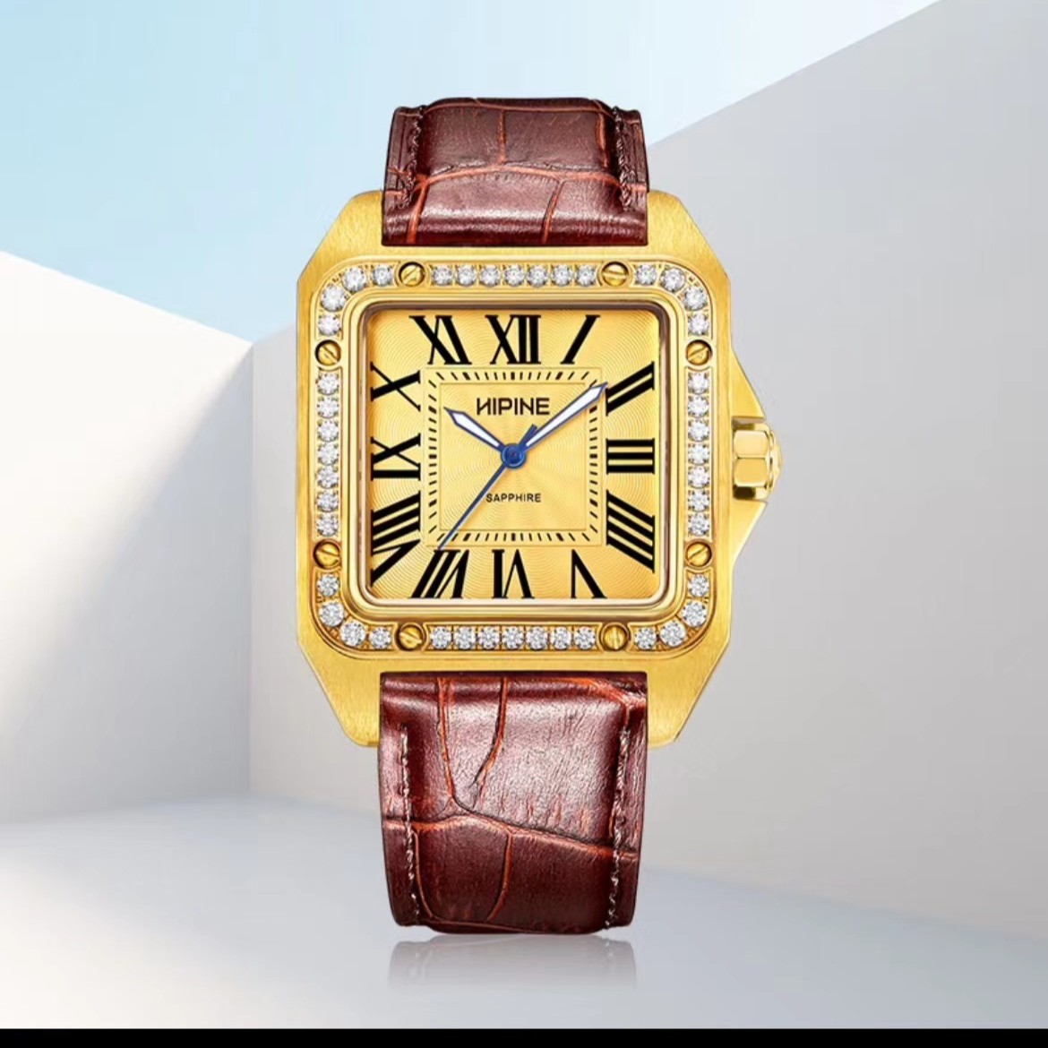 轻奢方形金表黄金男士腕表高端进口瑞士石英机芯手表镶钻防水简约