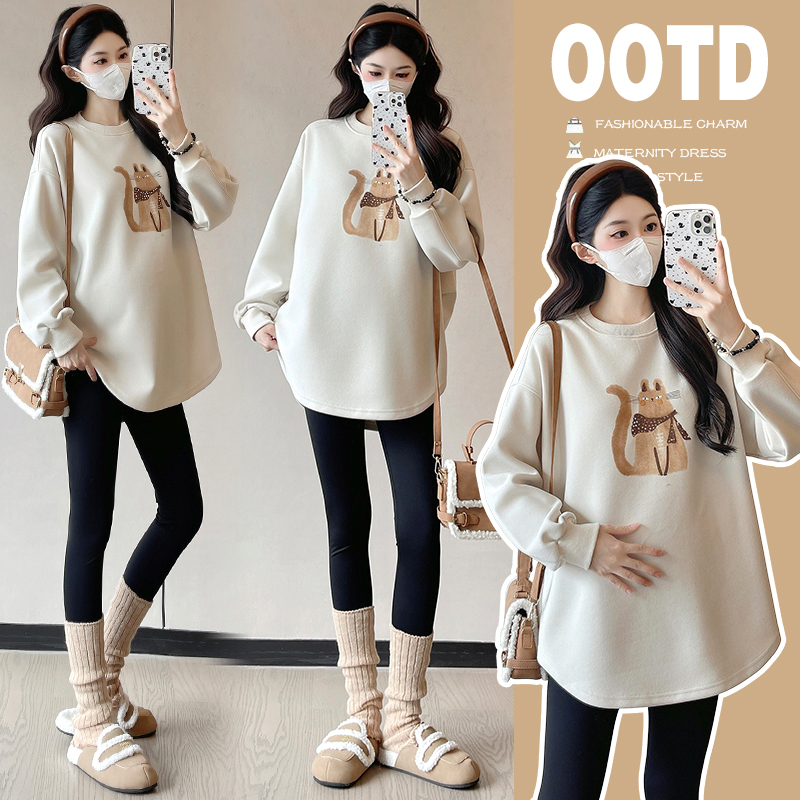 2025秋冬孕妇装不规则设计感趣味小猫印花加绒加厚孕妇打底卫衣