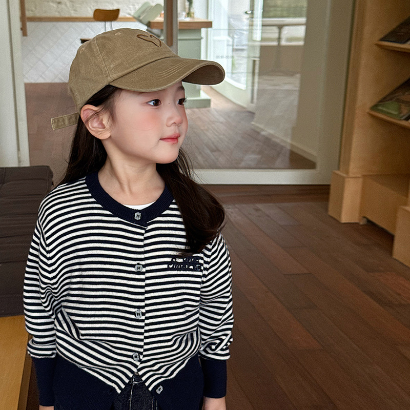 【新品】女童短款字母针织衫秋儿童韩版撞色条纹开衫毛衣外套25F083