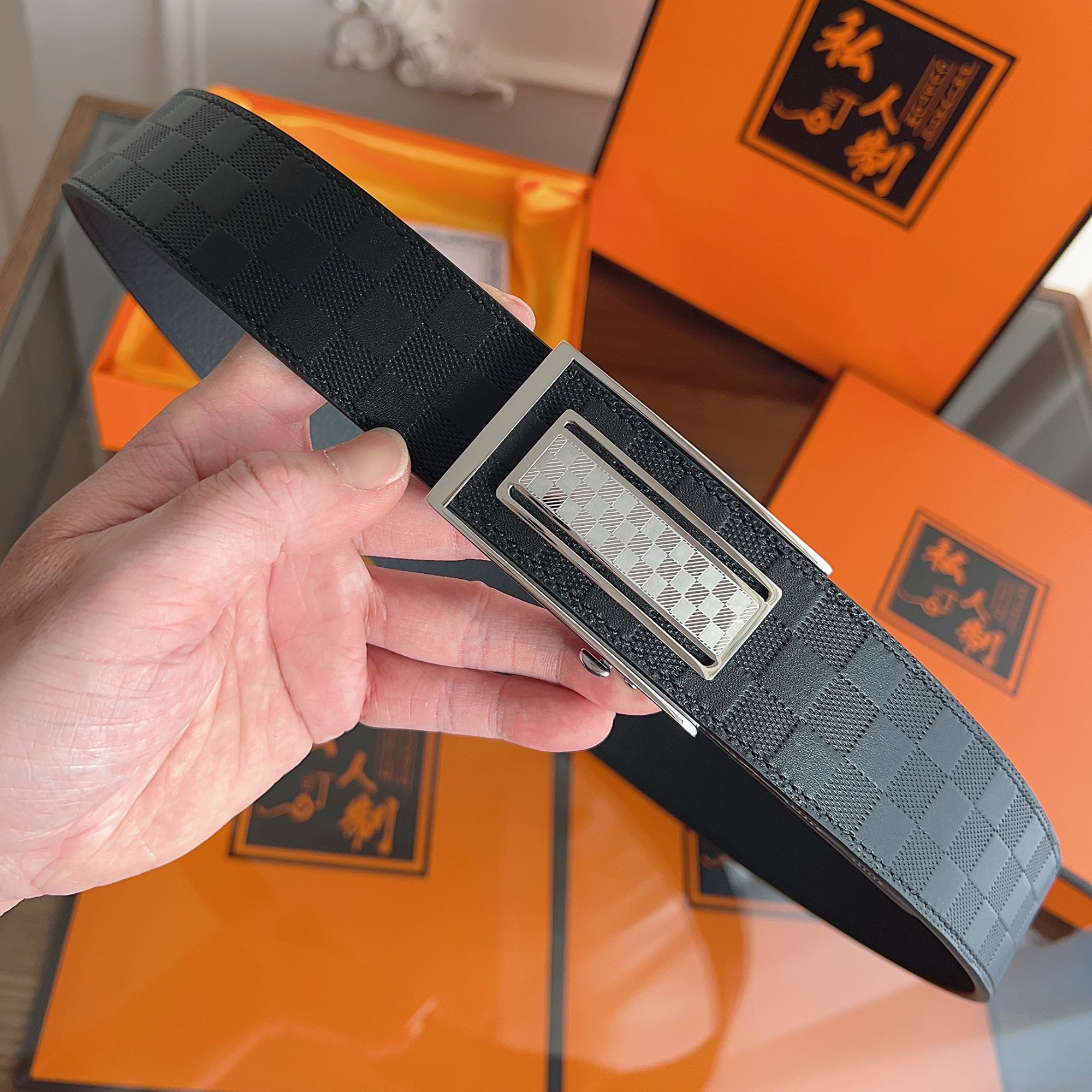 自动扣3.8cm头层牛皮男士腰带时尚棋盘格子纹轻奢百搭休闲真皮