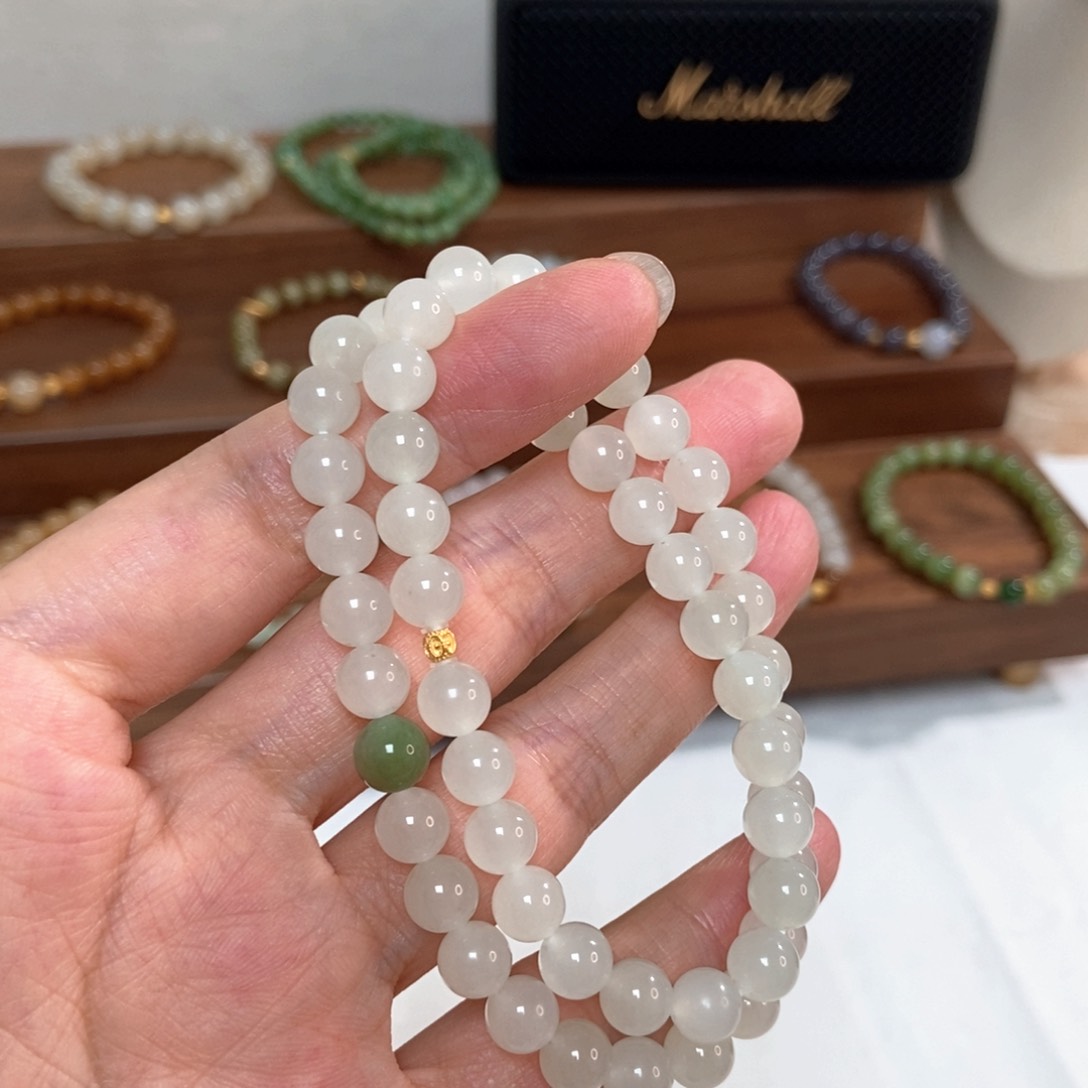 手链18K金镶嵌和田玉7mm晴白双圈