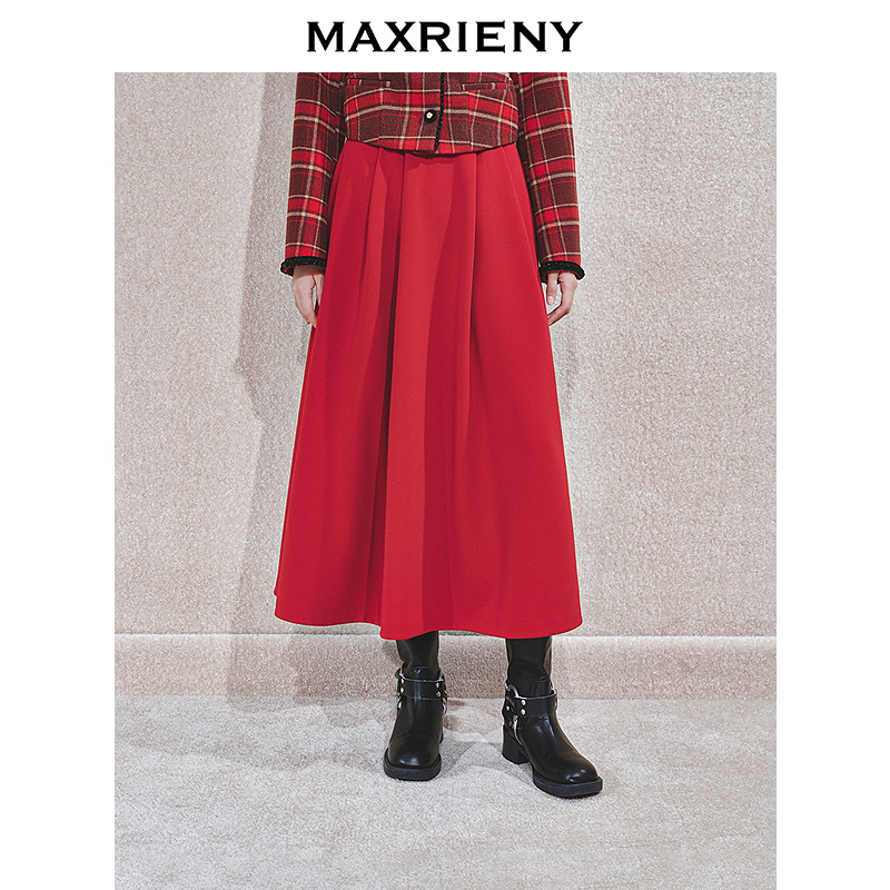【商场同款-节庆穿搭新年红】MAXRIENY复古大裙摆收腰半裙中长裙