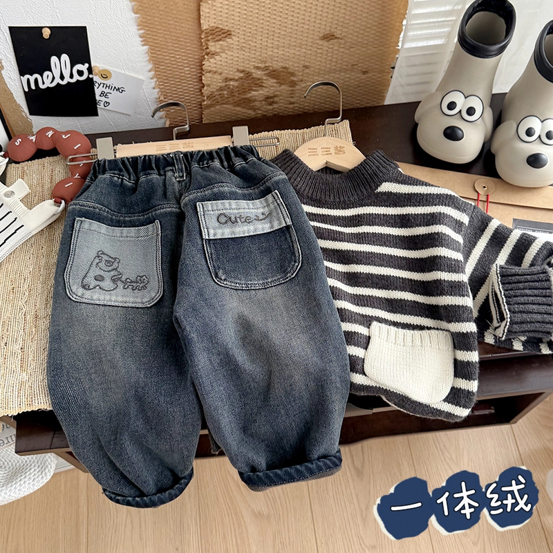儿童加绒牛仔裤冬季新款男女宝宝一体绒休闲裤中小童韩版宽松长裤