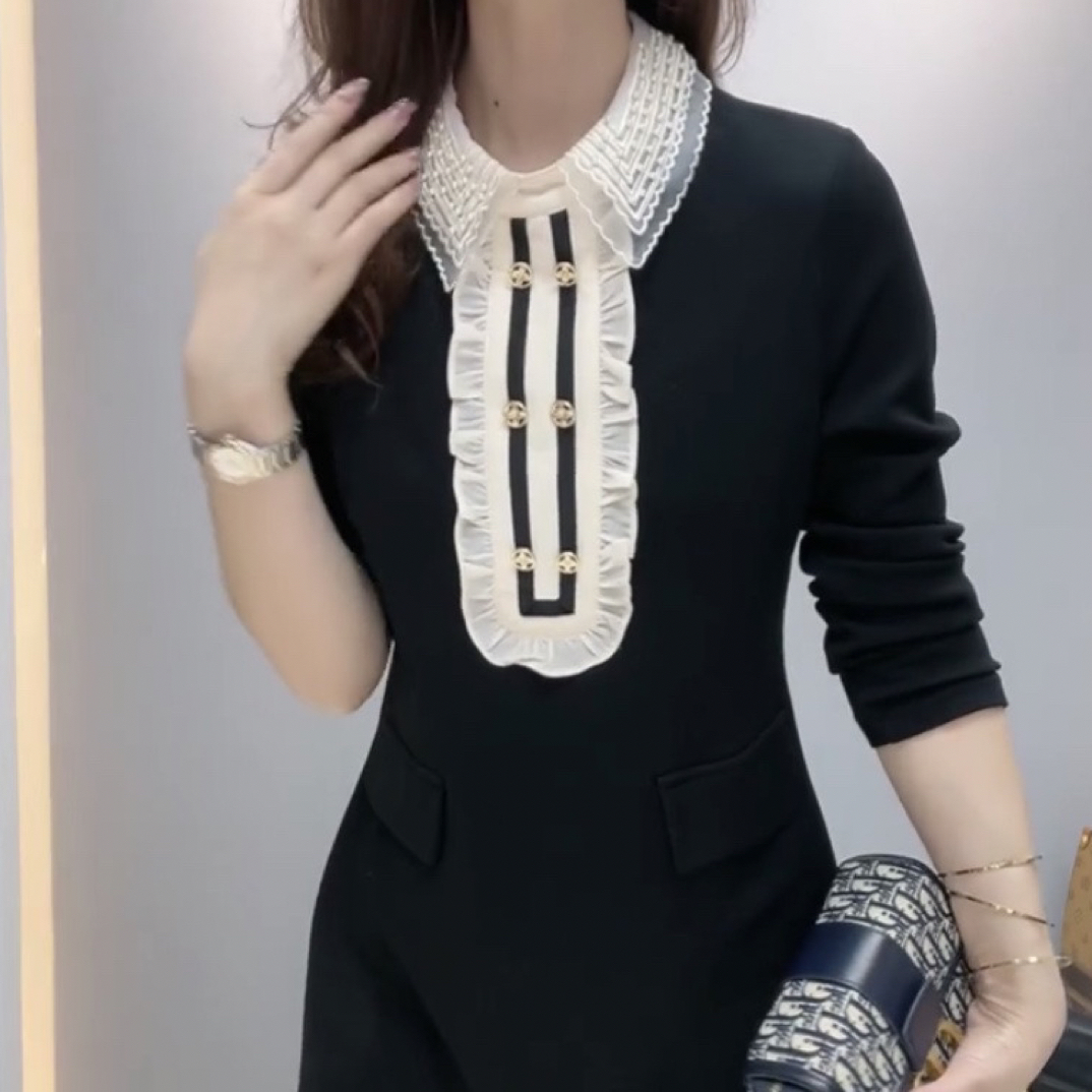 秋冬新款蕾丝花边翻领拼接连衣裙小香风气质显瘦百搭长袖