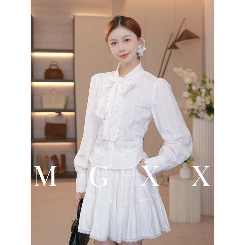 MG小象【月白序章】小香风长袖白色时尚复古衬衫半裙套装M825C13820