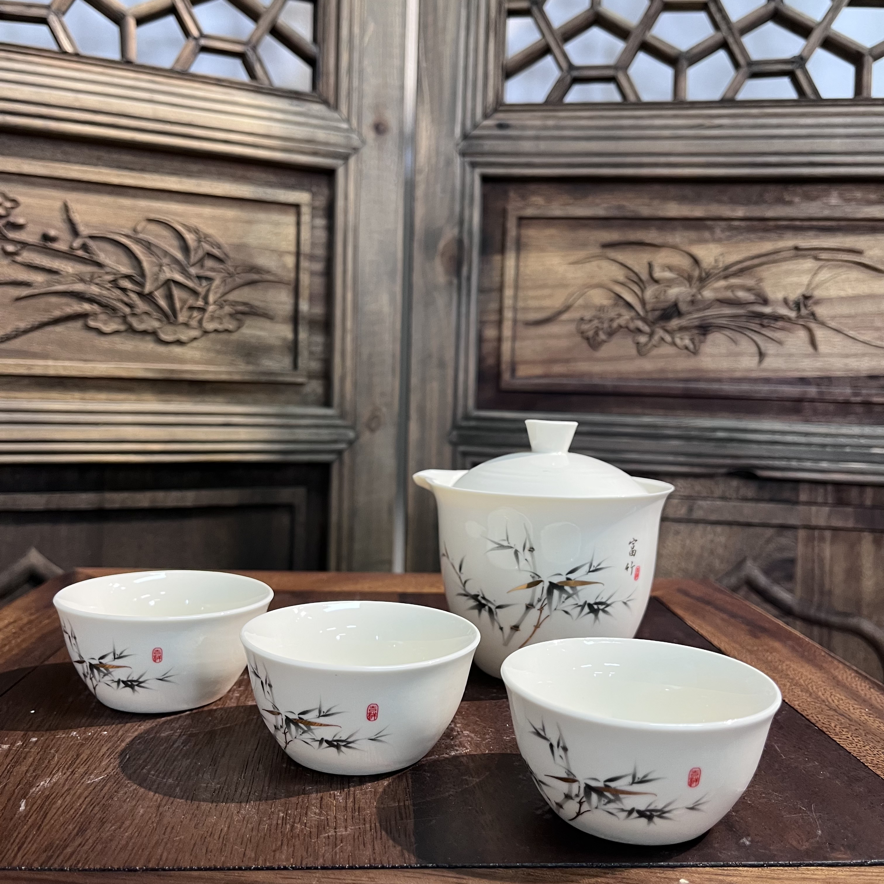 【闪购链接】A-0005 水墨富竹 一盖碗三杯旅行套-白瓷