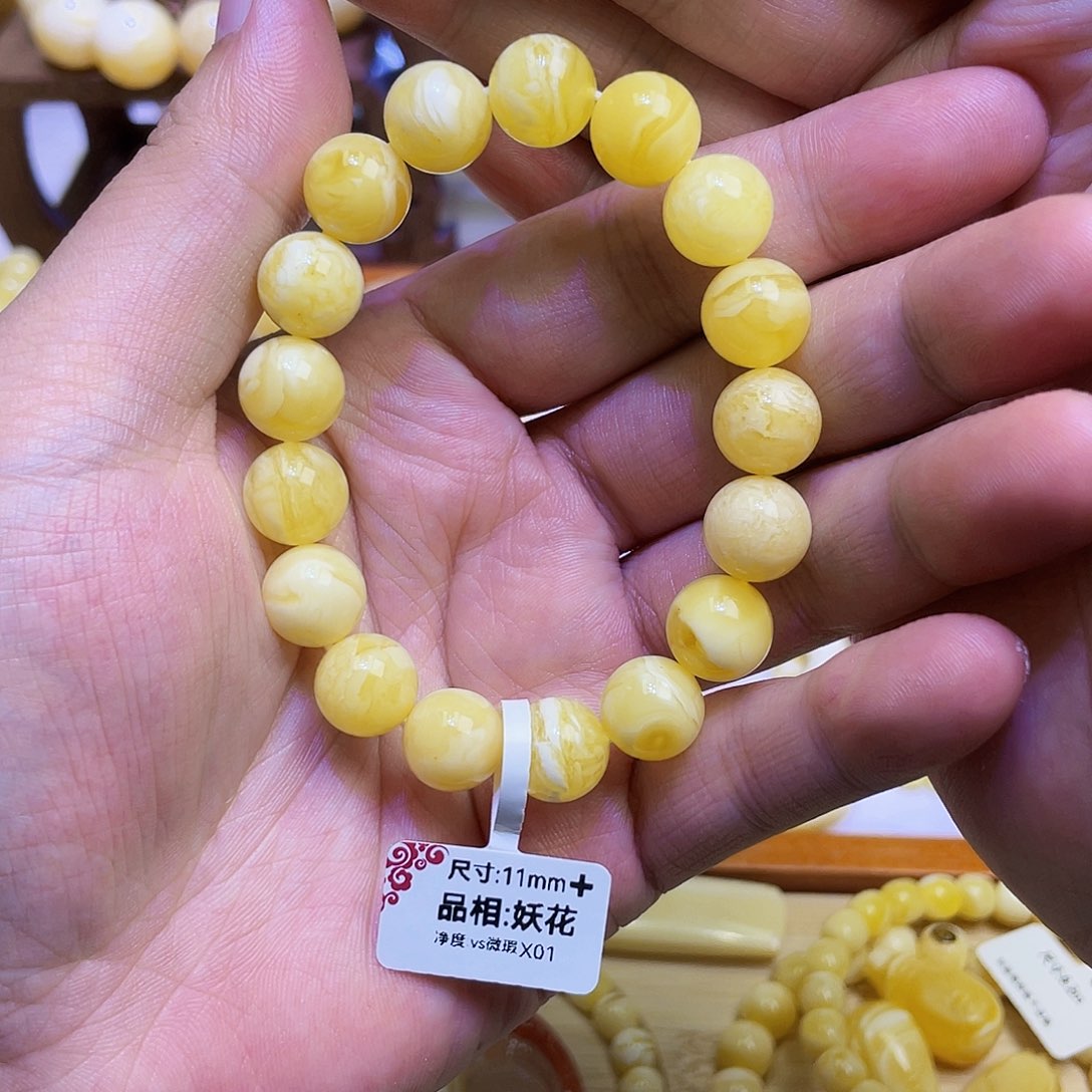 未镶嵌蜜蜡手串11mm大微瑕虎皮妖花