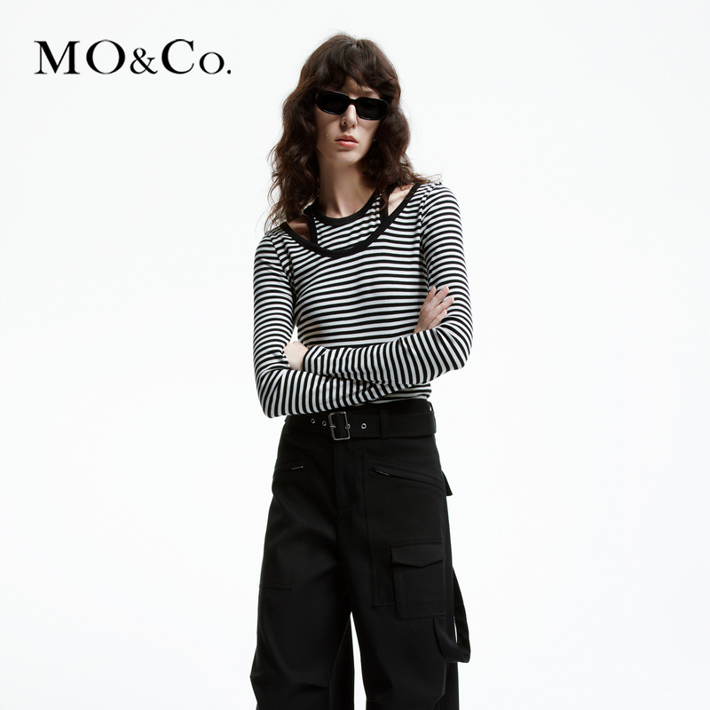 【赵老板专属】MOCO春假两件拼接条纹弹力长袖棉T恤MBD1TEET10