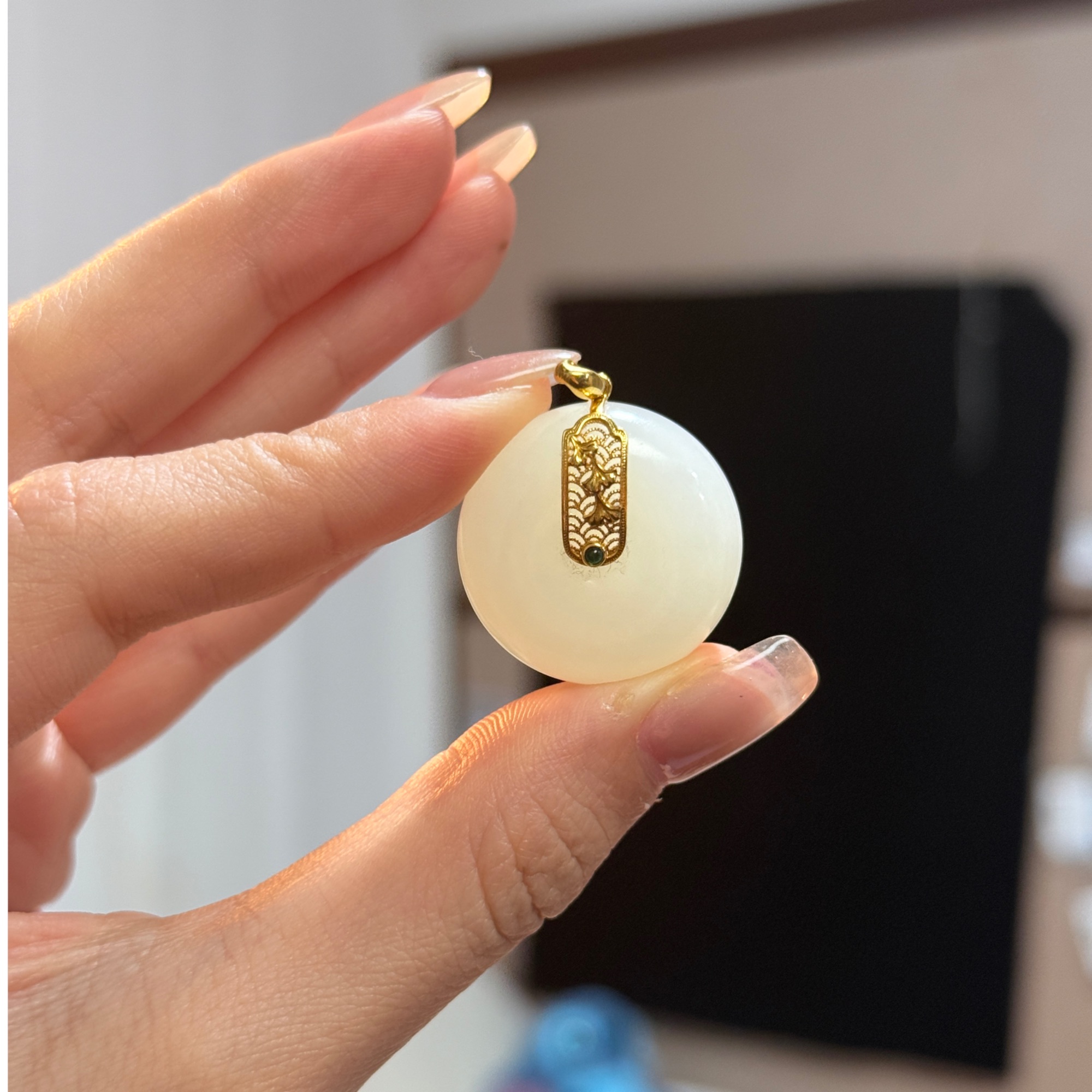 【望弦月】和田玉白玉平安扣吊坠·18K金·dz252413