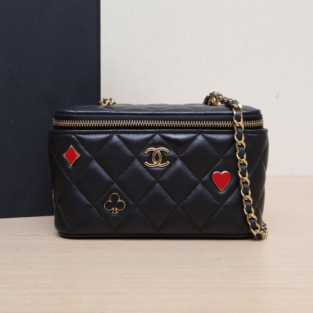 95新 Chanel/香奈儿 小花双双 长盒子 带镜子 黑色 扑克徽章 