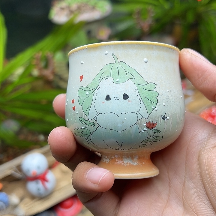 手绘荷叶小白兔杯