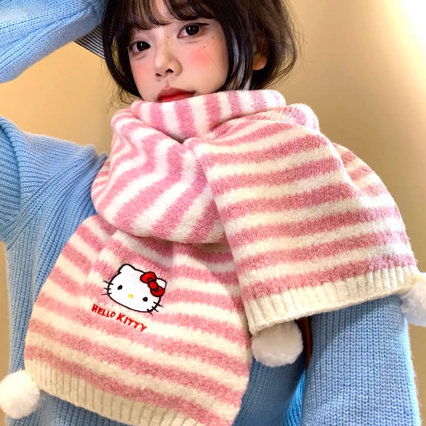 正版Hellokitty可爱条纹毛线围巾女2025新款加厚保暖学生围脖护