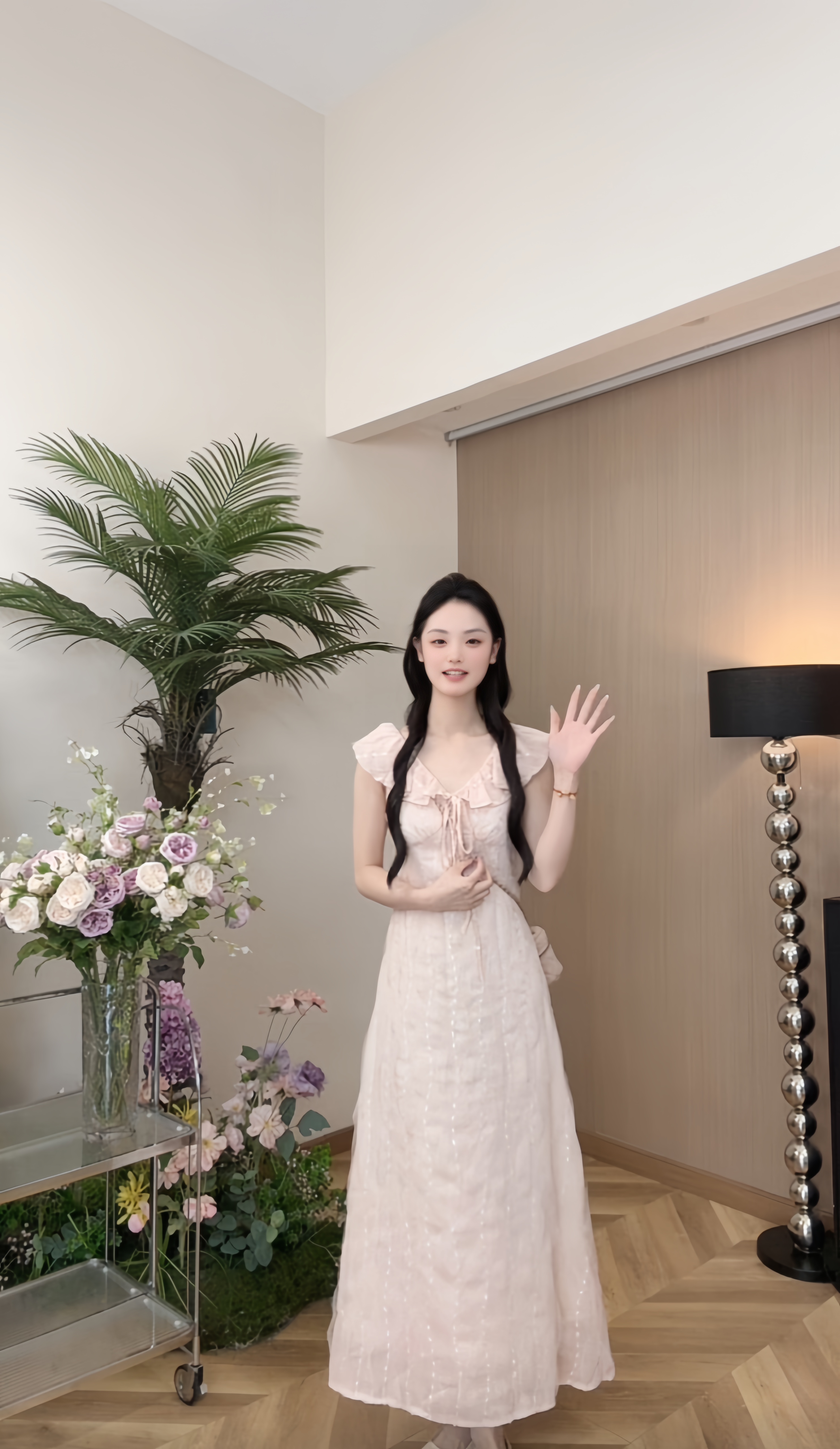 AN.XIN【尘外之韵】法式温柔风木耳边领收腰显瘦中长款连衣裙7662