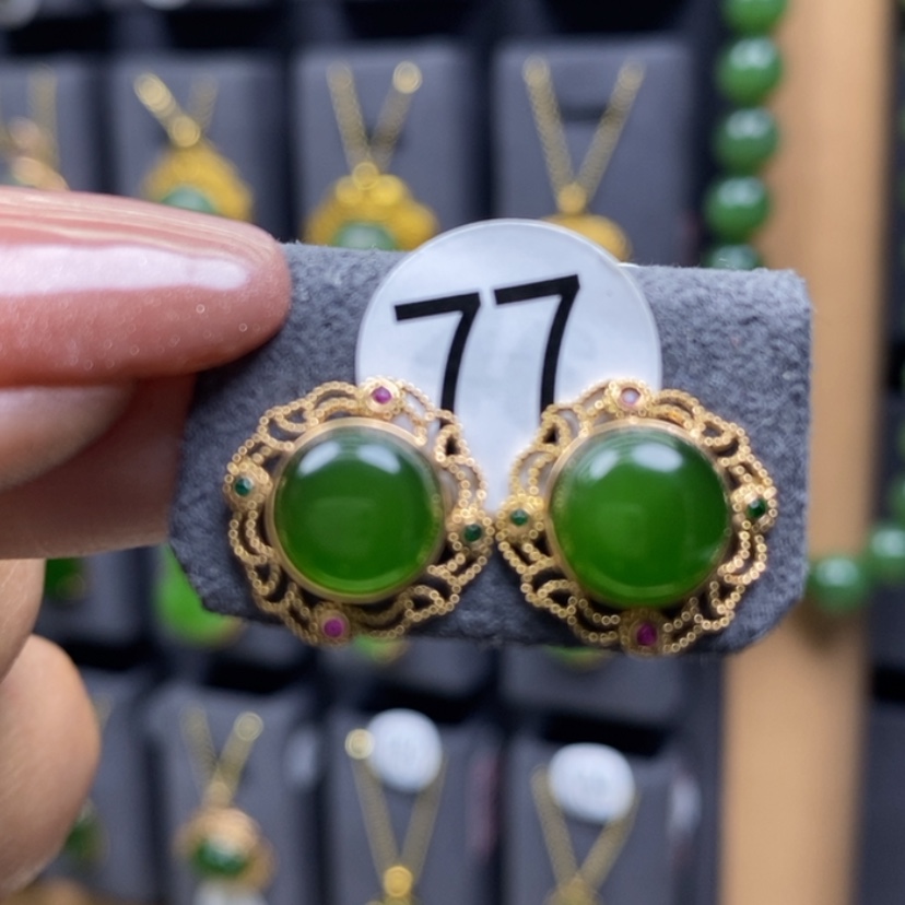 【闪购商品】和田玉耳饰18K金镶嵌8mm圆蛋面厚金耳饰