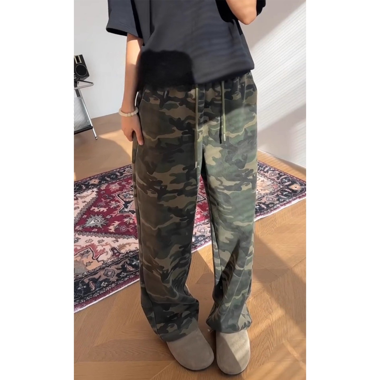 美式复古迷彩卫裤男女款水洗重磅弯刀裤子jazz穿搭运动直筒微喇裤