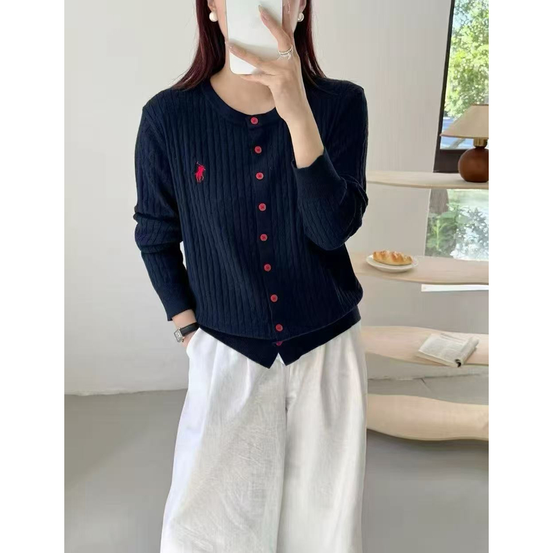 秋季小马标圆领长袖麻花针织开衫上衣S069