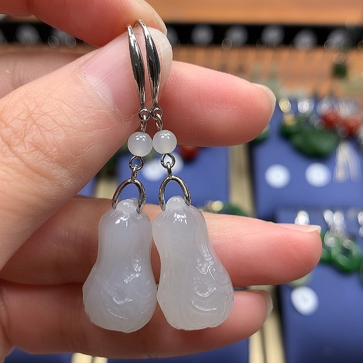 和田玉银S925镶嵌耳饰白菜21.7左右烟紫