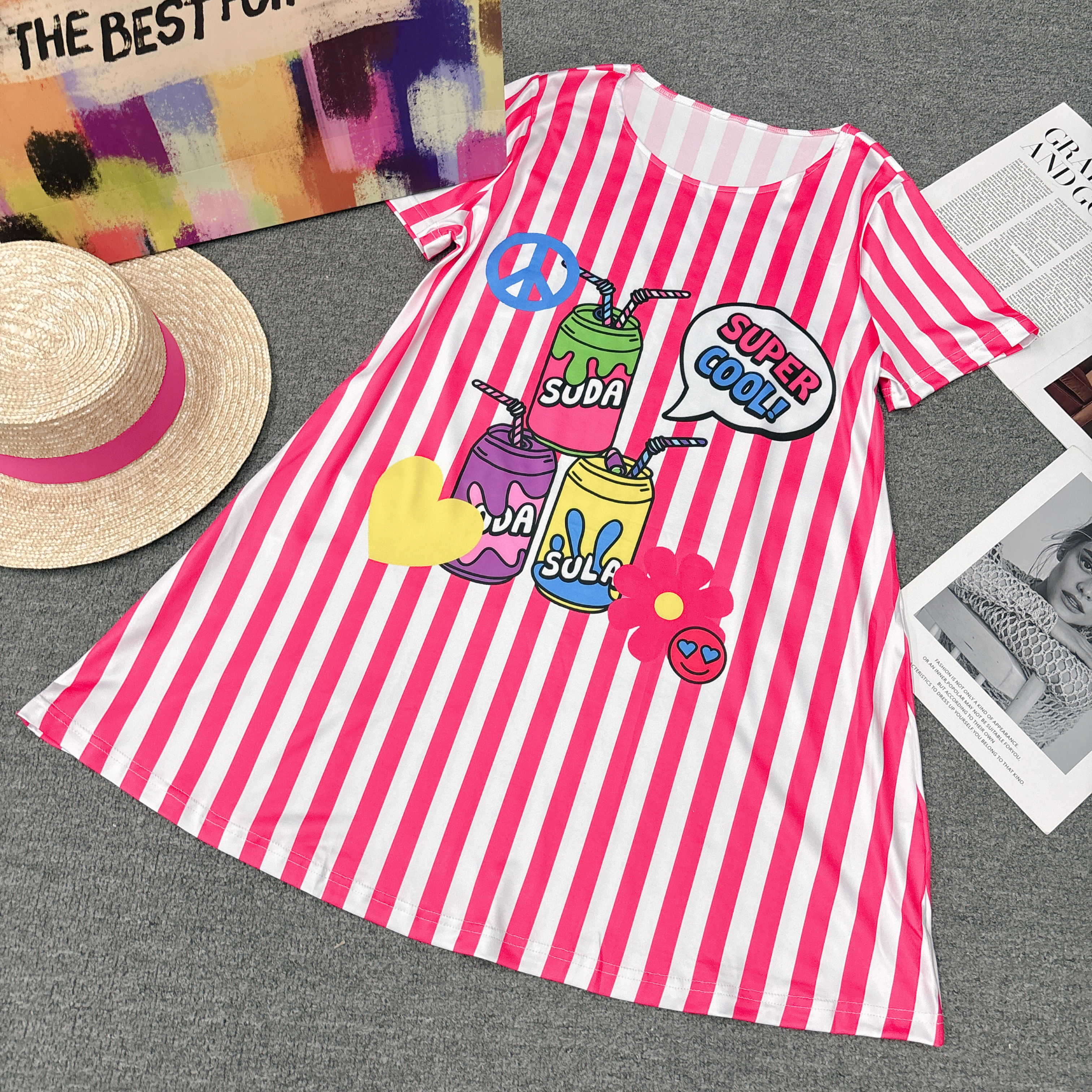 W0421外单定制款弹力牛奶丝竖条可乐瓶A版半袖裙