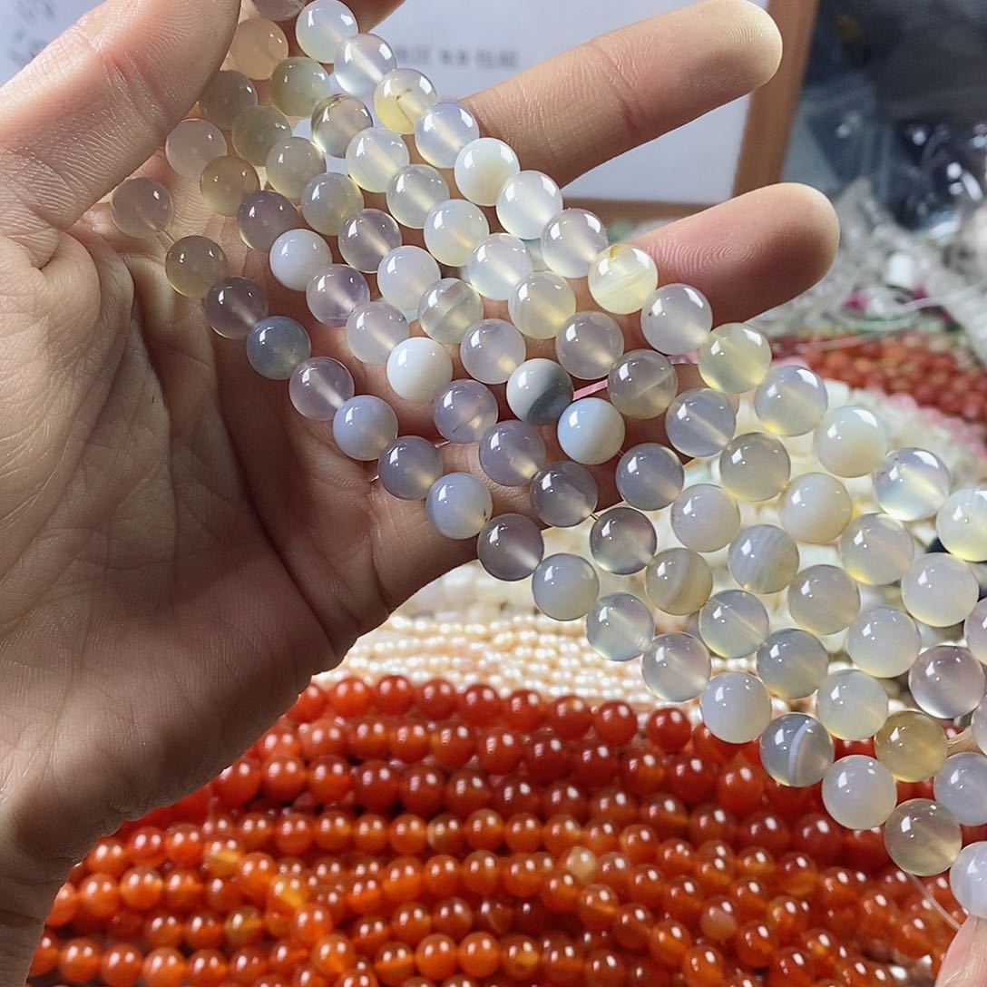 玛瑙/玉髓珠宝半成品未镶嵌一条天然8mm灰白玛瑙A级圆珠