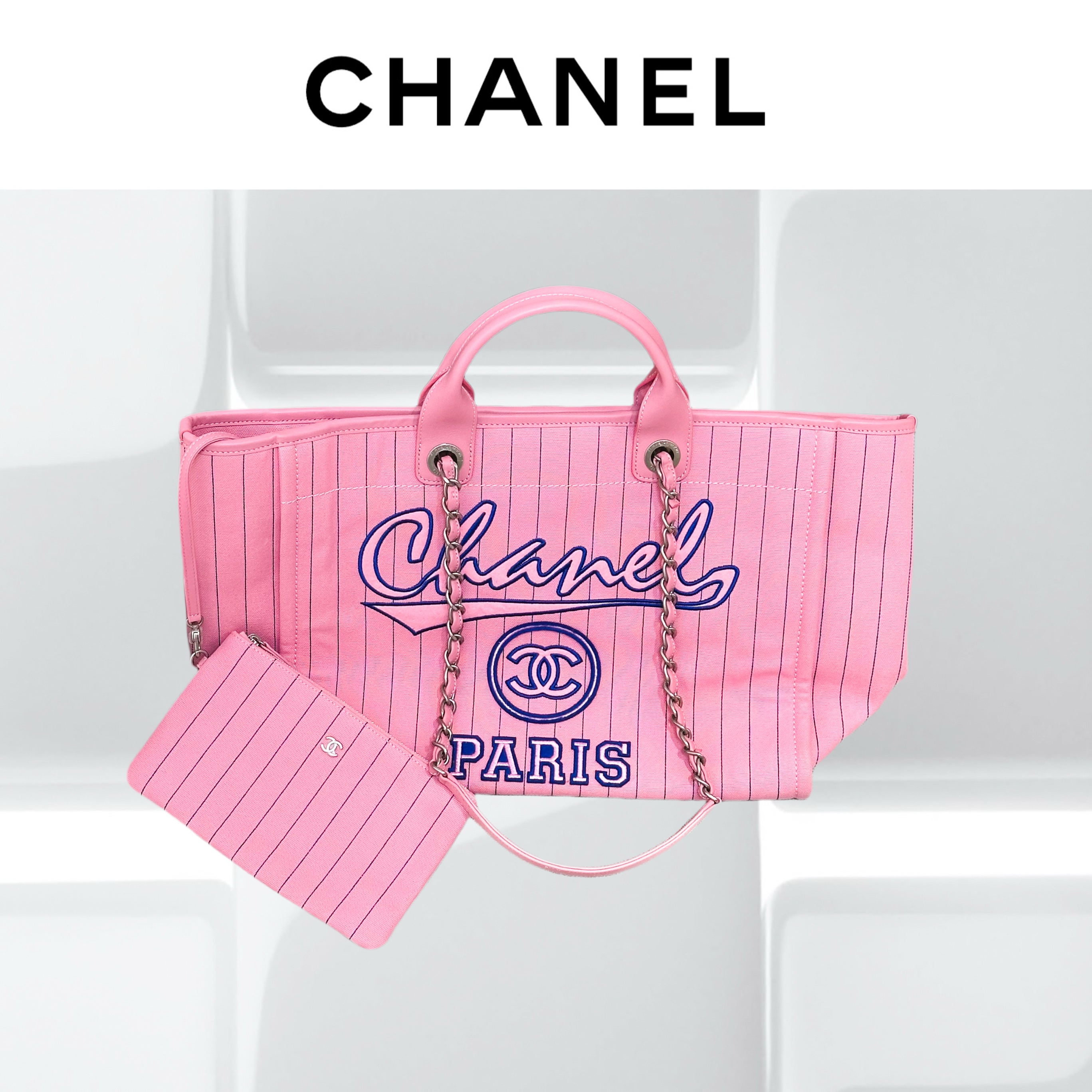 99新 Chanel/香奈儿 23P粉色竖条纹字母沙滩包