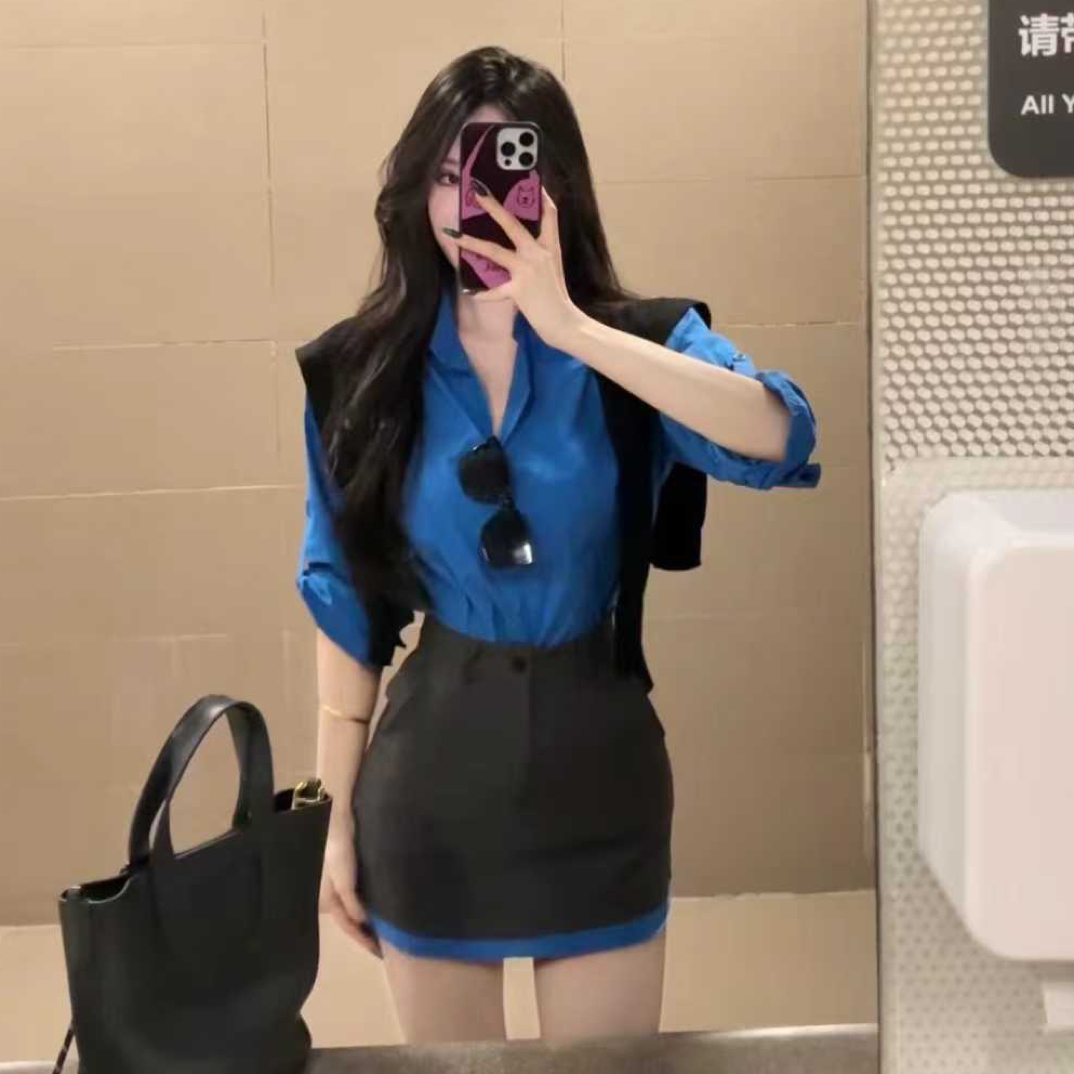 大小姐家——早秋韩系穿搭蓝色长袖衬衫灰色半身裙披肩套装